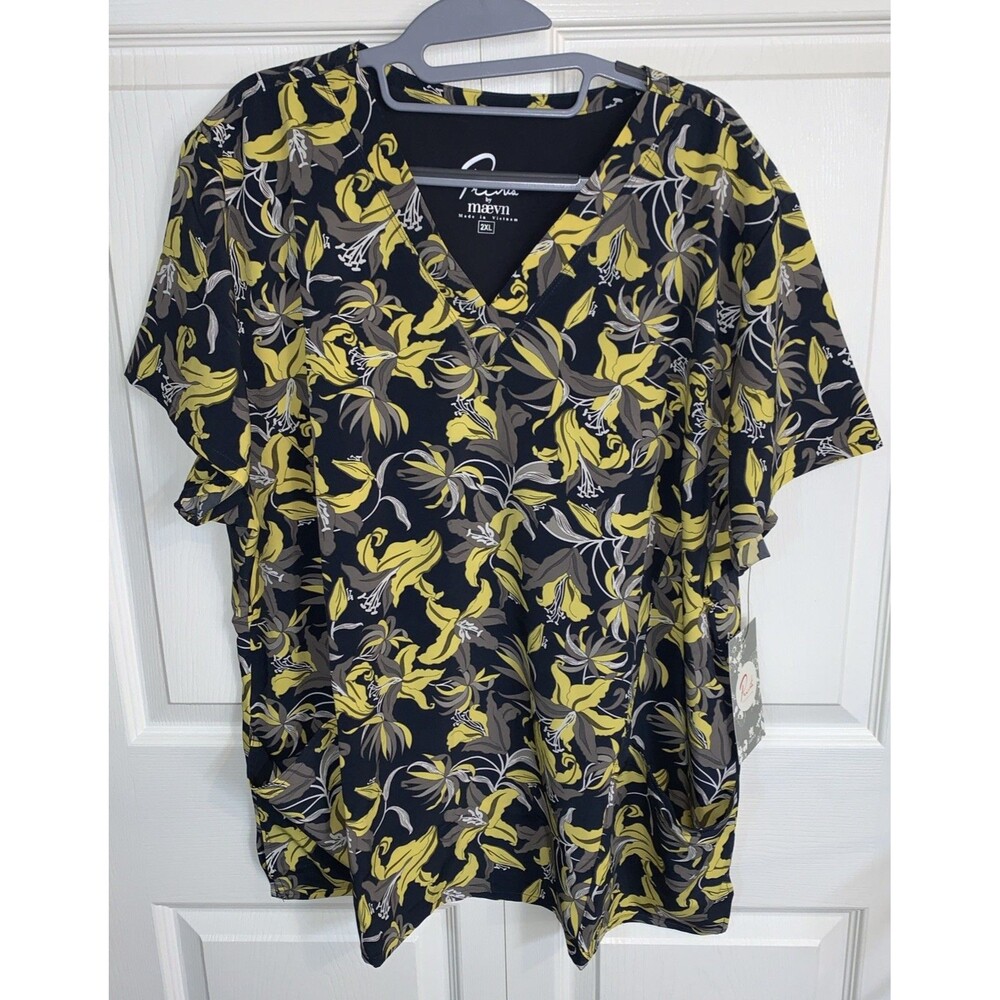 Plus 2XL Scrub Top Black Yellow Floral Orchid Prints by Maevn NWT